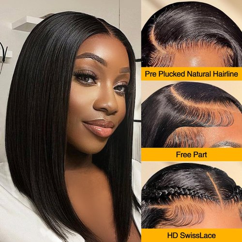 Bob Wigs Human Hair 13x4 Hd Lace Front Wigs Human Hair Pre Plucked 180 Density Short Bob Wig Lace Frontal Wig Glueless Wig Brazilian Virgin Human Hair for Women with Baby Hair Natural Black 14 Inch