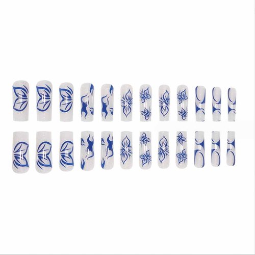 Foccna Long Blue Press on Nails Square Fake Nails White Full Cover Butterfly Acrylic False Nails Glossy Nails for Women and Girls-24PCS