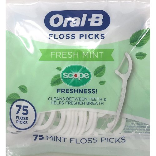 Oral-B Floss Picks Fresh Mint with Scope Freshness, Shred Resistant, 75 Count (Pack of 5)