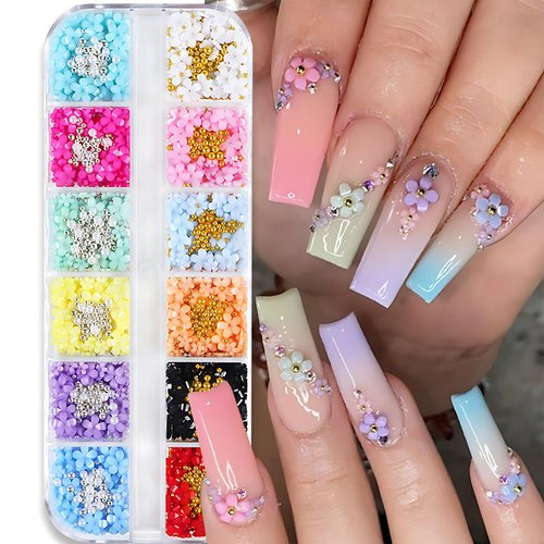 12 Grid 3D Flowers Nail Charms Acrylic Colorful Flowers Nail Art Rhinestones Gold and Silver Pearl Designs White Pink Floral Nail Art Supplies DIY Nail Art Accessories for Women Girls Nail Decorations