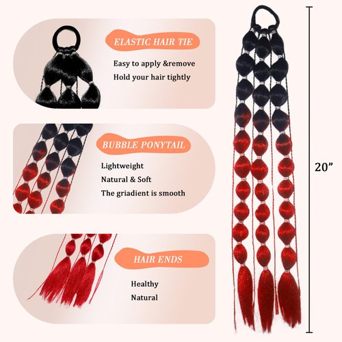 Colored Hair Extansions,Gltyley 20" Lightweight Rainbow Bubble Ponytail Extensions for Kids,Colored Braids Hair Extensions with Hair Tie,Crazy Hair Day,Festival Rave Accessories for Girls,Black to Red