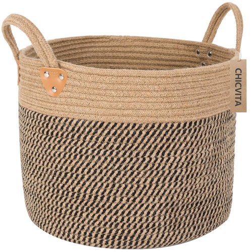 CHICVITA Wicker Laundry Basket, Collapsible Basket With Handles, Storage Baskets for Decor, Rope Basket for Blankets, Toys, Clothes, Shoes, Plant Basket for Living Room, 14" X 14" X 12"