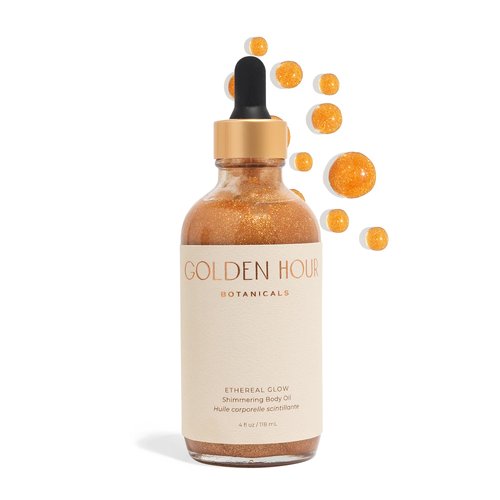 GOLDEN HOUR BOTANICALS Organic Skincare Products Made in USA, Vegan, Cruelty Free, Moisturizing + Hydrating Shimmer Gold Glitter Body Oil, 4fl oz/118ml, Ethereal Glow
