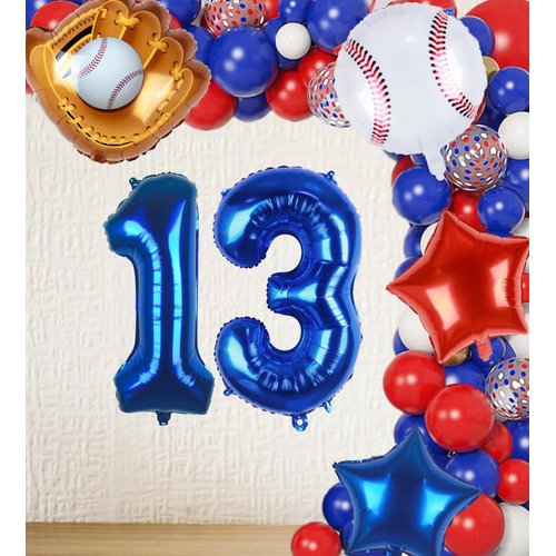 Kwuz Baseball Balloons 13th Birthday Decorations for Boys | Baseball Birthday Decoration Sports Theme Party Supplies, 32Inch Foil Mylar Number 13 Balloon Navy Blue Red White Sports Balloon Arch Kits