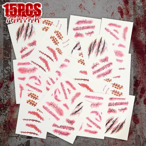ROMROC 110PCS Fake Scars Halloween Temporary Tattoos 3D Temporary Makeup Kit Horror Zombie Wound Bloody Tattoos Fake Stitches Tattoos for Women Men Kids Halloween Party Pranks 15 Sheets (5A Size)