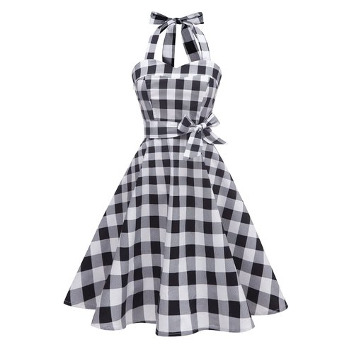 Topdress Women's Vintage Polka Audrey Dress 1950s Halter Retro Cocktail Dress Black White Plaid L
