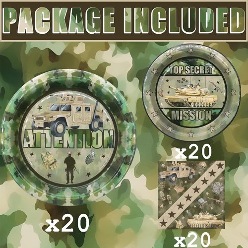 Outego Army Party Decorations Set - 20 Packs Army Party Plates and Napkins - Disposable and Stylish Camo Party Supplies for Birthdays and Events