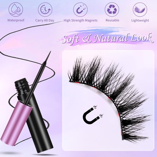 AHET Magnetic Eyelashes Kit, 10 Pairs Reusable Magnetic Lashes, False Eyelashes Natural Looking with Tweezers & 2 Tubes of Magnetic Eyeliners, No Glue Needed, Easy to Wear