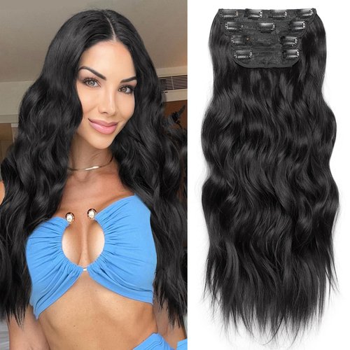 KooKaStyle Clip in Synthetic Hair Extensions Long Wavy 4PCS Thick Hairpieces Black Fiber Double Weft Natural Hair Extensions 20 Inch for Women