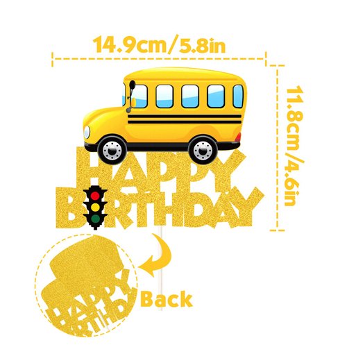 Glitter School Bus Cake Topper Happy Birthday Theme Cake Decor, Child Boys Girls School Themed Party Supplies