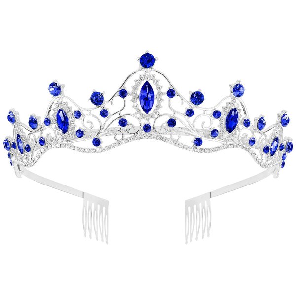 Didder Silver Royal Blue Princess Crown Birthday Tiara Prom Queen Tiaras and Crowns for Women and Girls Bridal Wedding Headband with Combs Halloween Costume Hair Accessories