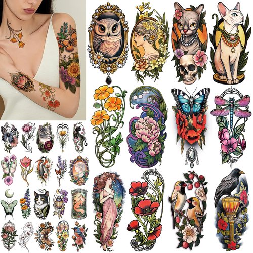 77 Sheets Temporary Tattoo for Women Men, 17 Sheets Half Arm Skull Fox Tiger Cat Owl Snake Fake T...