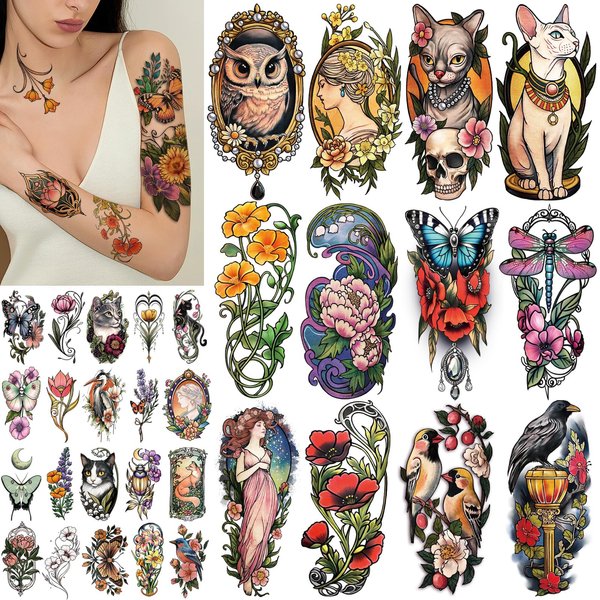 77 Sheets Temporary Tattoo for Women Men, 17 Sheets Half Arm Skull Fox Tiger Cat Owl Snake Fake Tattoos, 60 Butterfly Flower Deer Bee Tiny for Adult Kids Body Tattoos Stickers Art Sports Realistic