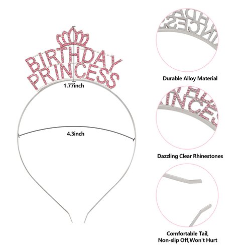 YARIEW Birthday Crown for Women Girls Birthday Princess Headband Rhinestone Alloy Birthday Crown Birthday Girl Headband Tiara Happy Birthday Princess Crown Happy Birthday Party Decorations，Pink