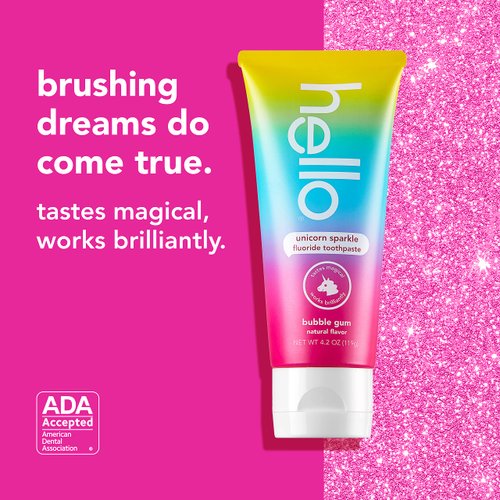 hello Kids Unicorn Sparkle Fluoride Toothpaste with Natural Bubble Gum Flavor, Vegan, SLS & Gluten Free, 4.2 oz, 4 Count