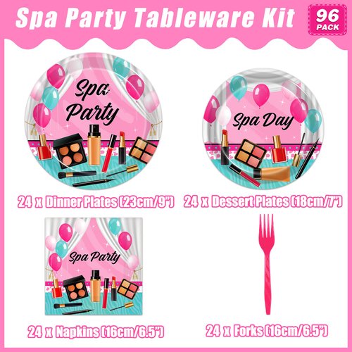Kepeel 96 Pcs Spa Party Plates and Napkins Set, Spa Day Makeup Party Supplies Decorations for Girls Kids Princess Sweet Pink Make up Theme Birthday Party Tableware Kit, Serves 24