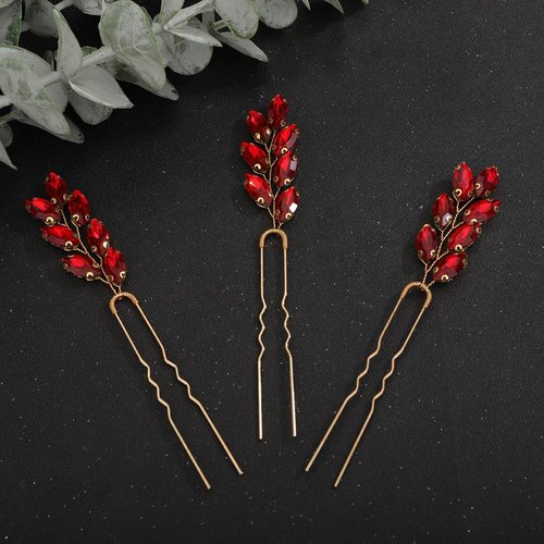 Rumtock 3pcs Vintage Red Crystal Beads Gold Hair Pins for Women Girls Wedding Bridal Vintage Hair Styling Jewelry (Red)