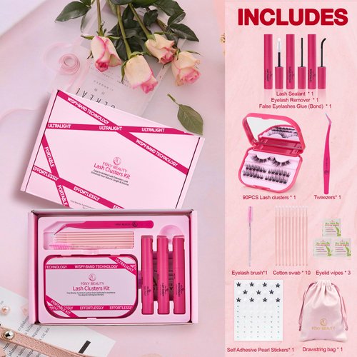 Lash Clusters Kit with Self Adhesive Pearl Stickers Fluffy Lash Clusters Left Right Lash Extension Kit with Bond Seal Eyelash Kit Gift Set with Drawstring Bag Portable Starter Kit Birthday Gift Women