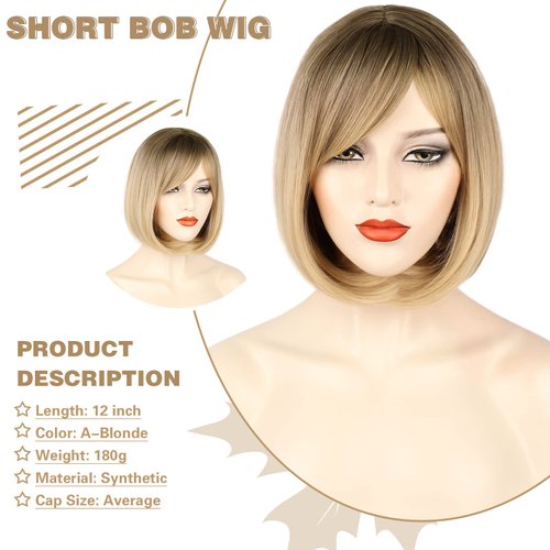 NAYOO Blonde Wig with Bangs, 12 Inch Blonde Short Bob Wigs for Women, Natural Look Blonde Bob Wig with Bangs, Super Soft Straight Bob Wig, Colorful Wig for Everyday Use, Cosplay, Halloween(A-Blonde)