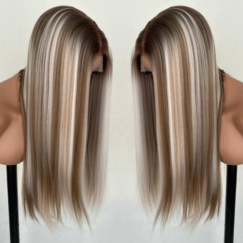 VASTCURY Wear and Go Ash Blonde Highlight Platinum 13x4 Lace Front Wigs Long Silk Straight Synthetic Fiber Wig Natural Hairline Pre Plucked 22Inch for Women Girls