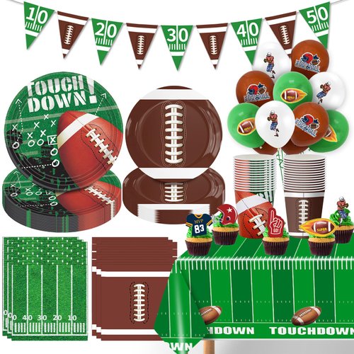 140PCS Football Party Supplies Tableware Set Serve 24, Football Birthday Party Decorations Includes Plates Napkins Cups Banner Balloons Cake ToppersTablecloth for Football Themed Party Supplies
