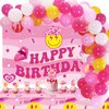 Crenics Preppy Birthday Decorations - Hot Pink Preppy Birthday Banner, Tablecloth, Balloons Arch Garland with Cake Toppers for Girls Preppy Birthday Party Supplies