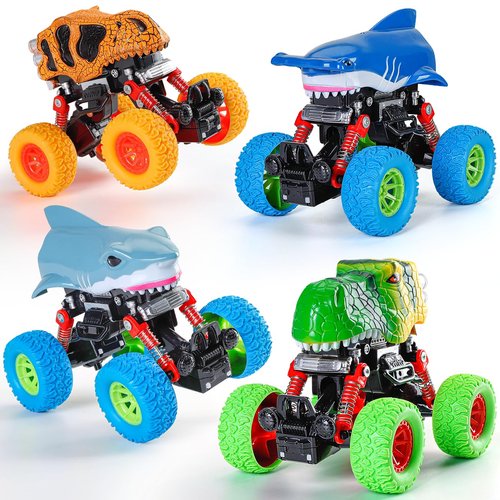 LODBY Monster Toys Trucks for Boy Age 3 4 5 6 7 8 - Shark Cars Dinosaur Toys for Toddler Boys Kids Birthday - Pull Back Cars Toys for 3-8 Year Old Boy Gifts - Friction Powered Monster Cars | 4 Pack