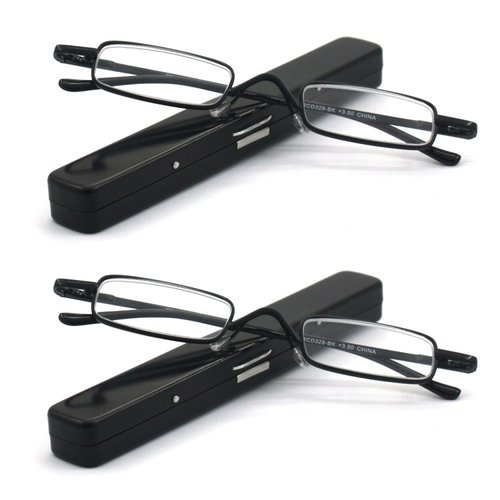 EYE ZOOM 2 Pack Metal Super Light Mini Reading Glasses with Compact Case, Black, 3.50