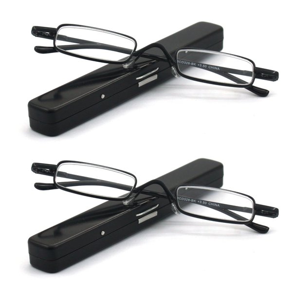 EYE ZOOM 2 Pack Metal Super Light Mini Reading Glasses with Compact Case, Black, 3.50