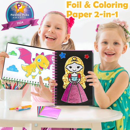 pigipigi Art Craft Activity for Kids: Fun Foil Princess & Dinosaur DIY Toy Kit, No Mess Creative Travel Supply Set, Idea Gift for Girl Boy Children 3 4 5 6 7 8 9 Year Old