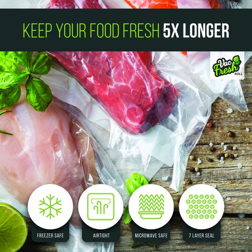 Vac Fresh Food Vacuum Sealer Rolls (11" x 50', 1 Roll), 3.5mil Embossed Food Storage Bags, Vacuum Seal Bags for Meal Prep, Sous Vide Bags for Cooking (50 Feet)