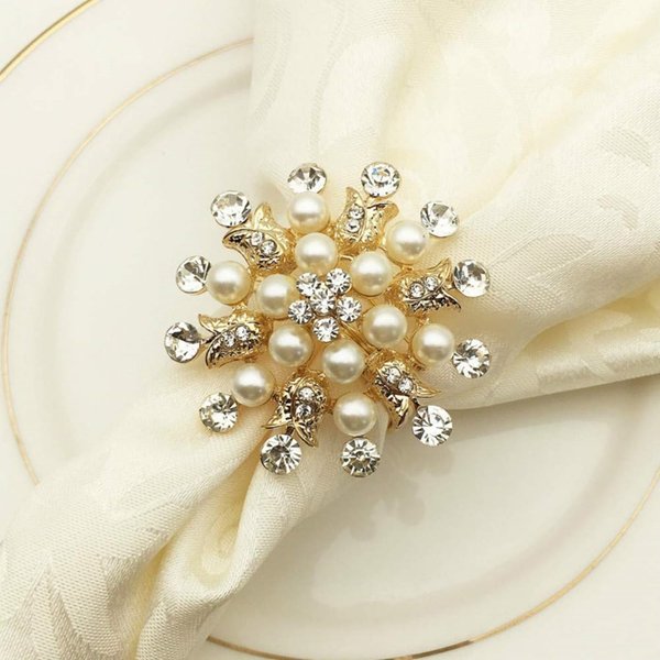 Joyindecor Gold Napkin Rings Set of 6 - Flower Pearl Rhinestone Napkin Ring Holder for Wedding Party Home Kitchen Dining Table Linen Accessories (Golden)