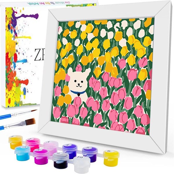 ZRIZQ Paint by Numbers for Adults Beginner Kids Ages 6-8-12 with Wooden Frame,Easy Paint by Numbers for Gift Home Decoration 8x8 Inch(Flowers 1)