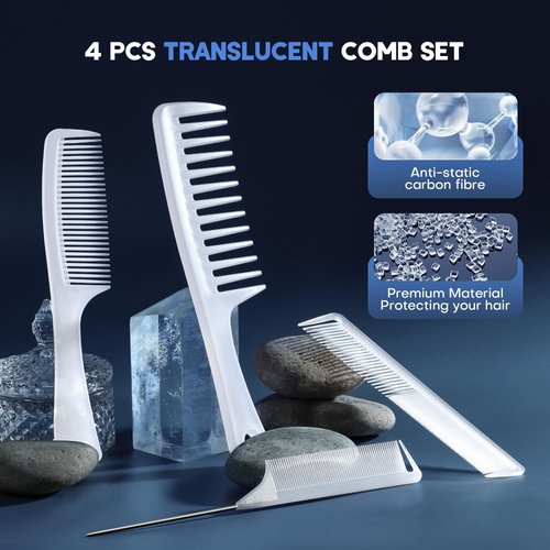 SALONSILK Combs for Women and Men, 4PCS Translucent Professional Comb Set, Wide Tooth Combs Rat Tail Fine Tooth Hair Comb for All Hair Types