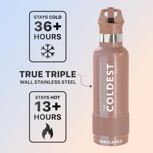 Coldest Water Bottle with Standard Mouth Straw Lid Metal Thermos Vacuum Insulated Stainless Steel l Reusable Leak Proof Cupholder Flask (21 oz, Rose Gold)