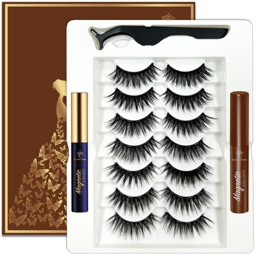 7C SevenCrown Magnetic Eyelashes Natural Look, 7 Pairs Reusable Cat-eye Medium Magnetic Lashes with 2 Tuble Magnetic Eyeliner （1 black+1brown) Vegan & Cruelty Free