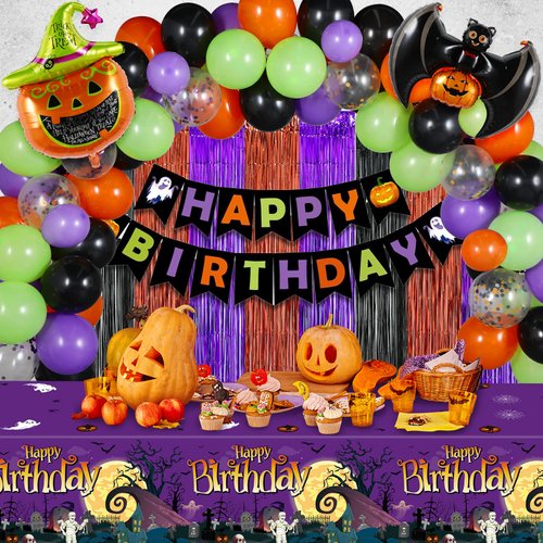 Halloween Birthday Party Decorations, 102 Pcs Halloween Happy Birthday Banner, Confetti Pumpkin Cat Bat Balloon Arch Foil Fringe Curtain and Tablecloth for Kids Halloween Party Birthday Party Supplies