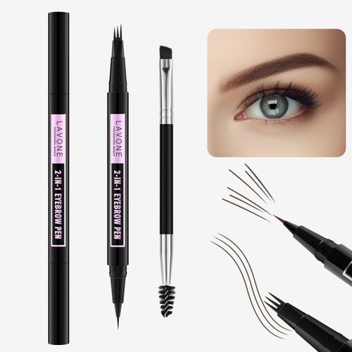 LAVONE Eyebrow Pencil, 2-In-1 Waterproof Eyebrow Pen, with 3 Tip Microblading Eyebrow Pen and Ultra-Precise Brow Pencil, Dual-ended Eyebrow Brush, for Eyebrow Makeup - Dark Brown