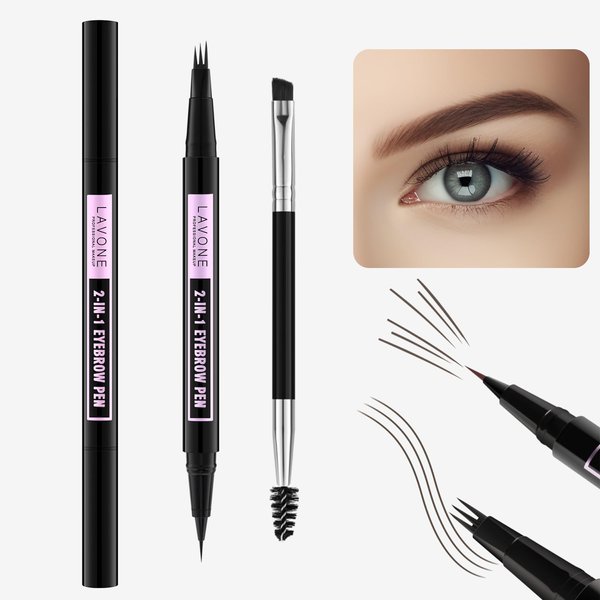 LAVONE Eyebrow Pencil, 2-In-1 Waterproof Eyebrow Pen, with 3 Tip Microblading Eyebrow Pen and Ultra-Precise Brow Pencil, Dual-ended Eyebrow Brush, for Eyebrow Makeup - Dark Brown