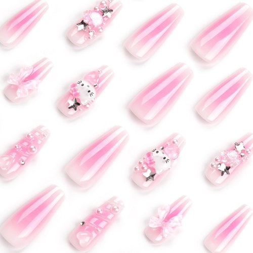 RTKHFZE Press on Nails Long,Square Fake Nails Nude Pink Full Cover False Nails with Cute Three-Dimensional Water Ripples and Bow Designs Acrylic Nails 24Pcs Nails Press ons for Women Manicure