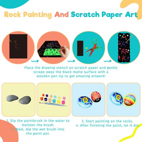 Byncceh Kids Rock Painting Kit Glow in The Dark Scratch Boards, Rocks for Painting Kits - Scratch Art for Kids, DIY Arts and Crafts Toy Birthday Party Halloween Christmas Gift for Boys Girls Ages 6-12