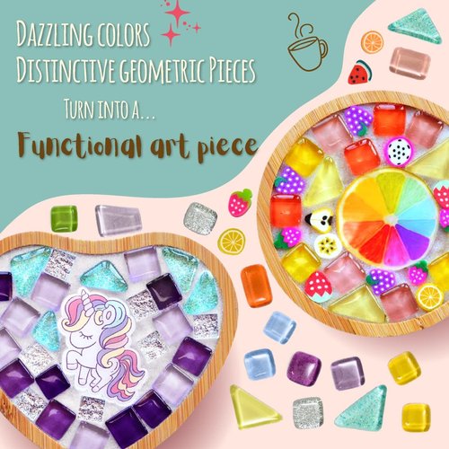 Glittery Garden Mosaic Craft Kit - Decorate Your Own Unicorn and Rainbow Design Coaster with Glass Tiles. Birthday Gift, Fun DIY Art and Craft Supplies. Girls, Kids & Teens Activity Kit