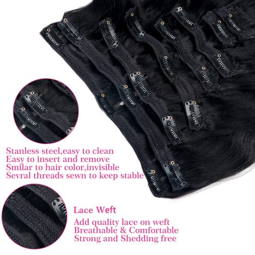 22Inch Clip in Hair Extensions Real Human Hair Body Wave 8Pcs Brazilian Human Hair Clip in Extensions with 18Clips Double Lace Weft 120g #1B Natural Black