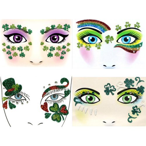 Nirbffo Face and Body Glitter Stickers Shamrock Clovers Rainbow Hats Green 4Pieces