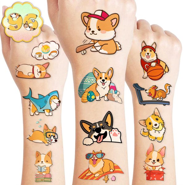 Corgi Temporary Tattoos Birthday Party Supplies Decorations 96PCS Tattoos Stickers Pet Dog Cute Party Favors Kids Boys Girls Gifts Ideas Classroom School Prizes Themed Baby Shower Christmas