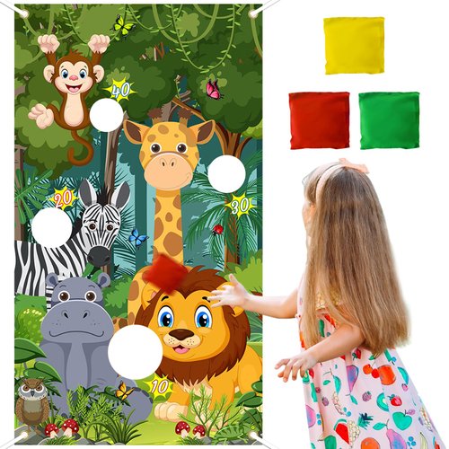 Avezano Jungle Animals Toss Game Banner with 3 Bean Bags Safari Animal Toss Across Game Set for Kids Safari Birthday Party Decorations Wild Animals Throwing Game Backdrop Indoor Outdoor