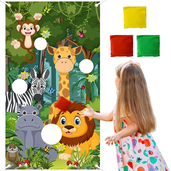 Avezano Jungle Animals Toss Game Banner with 3 Bean Bags Safari Animal Toss Across Game Set for Kids Safari Birthday Party Decorations Wild Animals Throwing Game Backdrop Indoor Outdoor