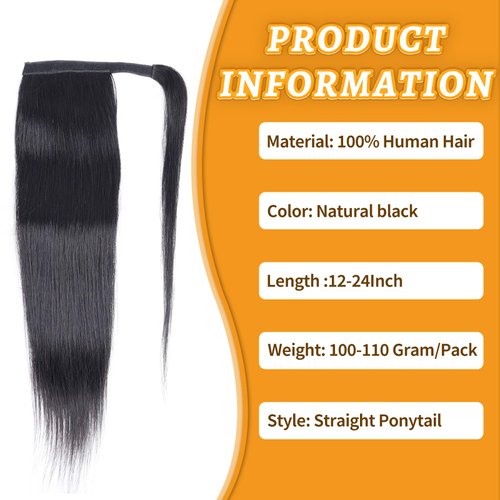 Straight Ponytail Extension Human Hair Wrap Around Magic Paste Ponytail Clip In Real Brazilian Virgin Human Hair pieces For Black Women Natural Black 20inch