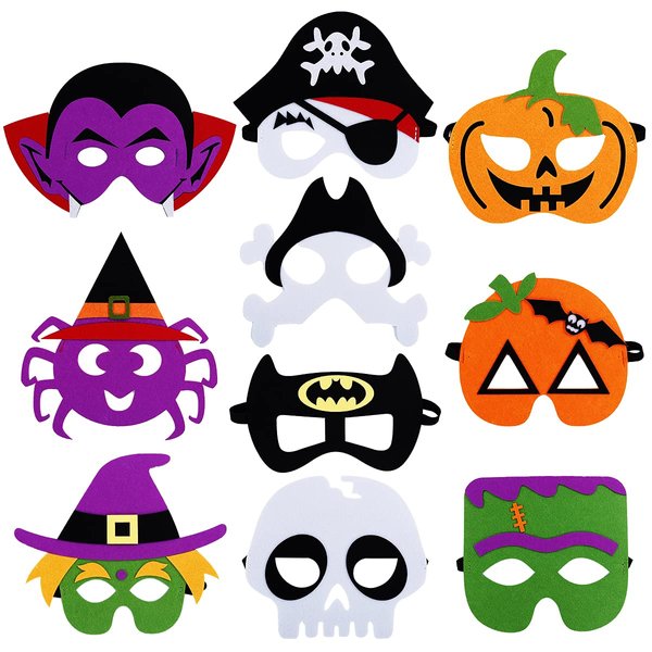 Halloween Felt Masks for Kids Girls Boys, 10 Pcs Halloween Cosplay Dress Up Masquerade Party Eye Masks, Included Skeleton Pumpkin Witch Spider Pirate Bat Vampire Masks