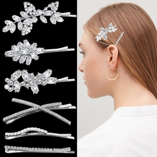 REDANHA 6 Pieces Delicate Bridal Hair Clips, Rhinestone Leaf Wedding Hair Pins, Crystal Bobby Pins, Silver Elegant Hairpins Jewelry Accessories Barrette for Brides Bridesmaids Flower Girls